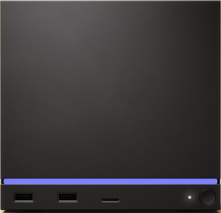 Steam Machine light bar solid blue with solid white indicator, meaning fully booted and ready