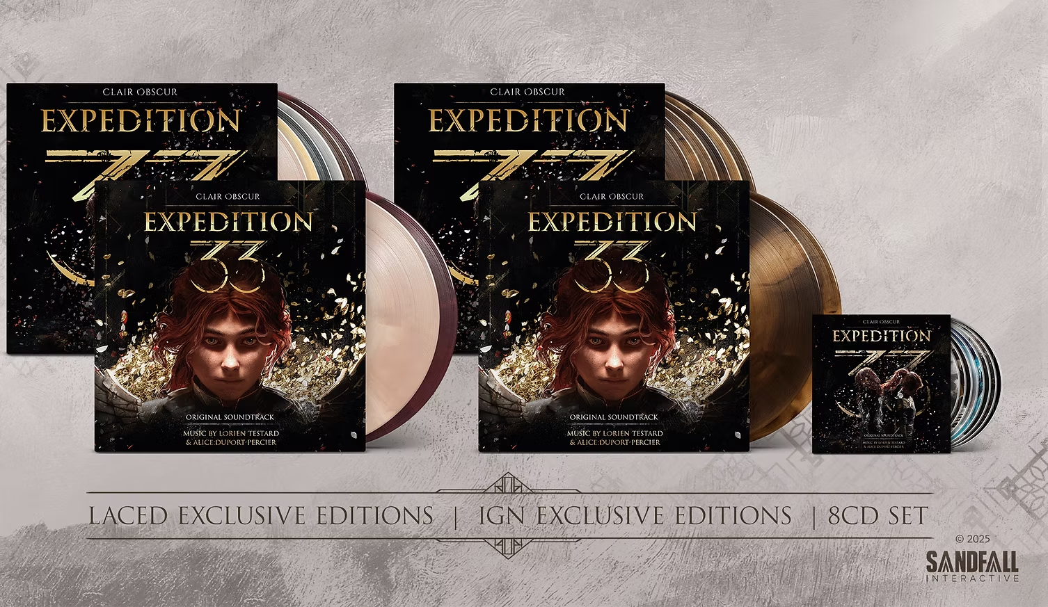 Na obrazku znajdują się 4 zestawy z płytami winylowymi oraz jeden zestaw z płytami CD. Wszystko jest z gry Clair Obscur: Expedition 33.