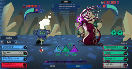 Gif of fight against the third boss, player is using Shaybert who has a few poison stacks. Player drags die on it and reduces poison stacks