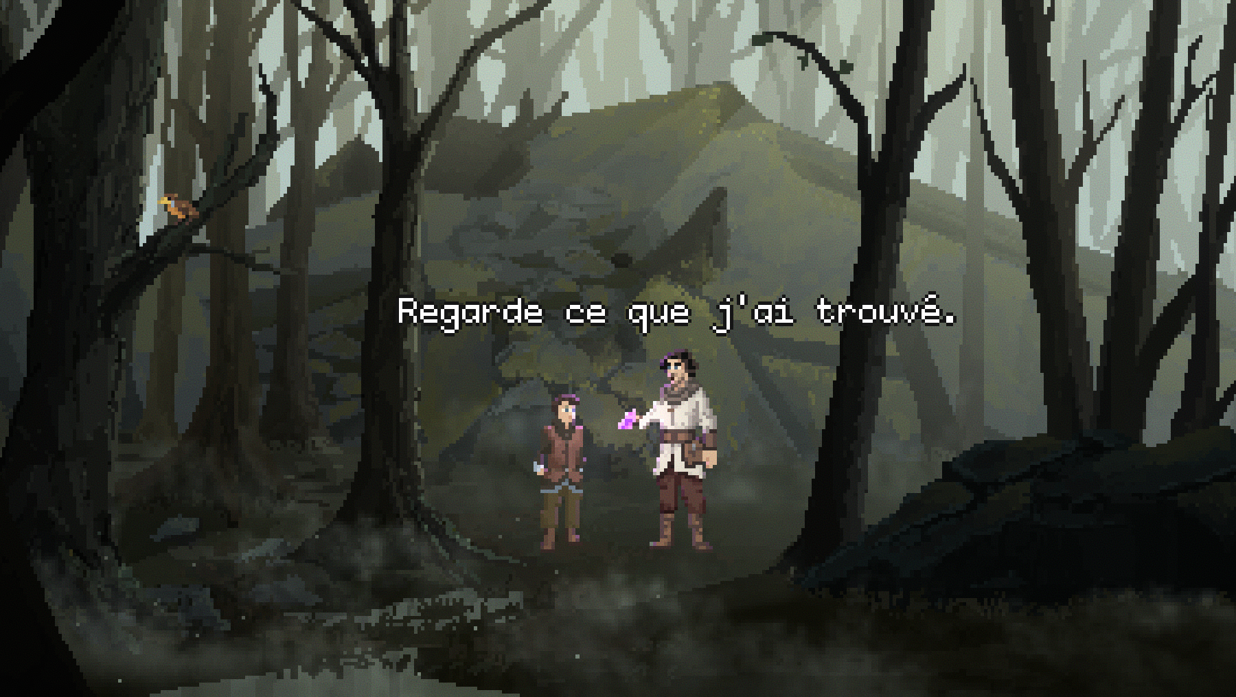 In front of a collapsed cave, Tobias says: "Regarde ce que j'ai trouvé."