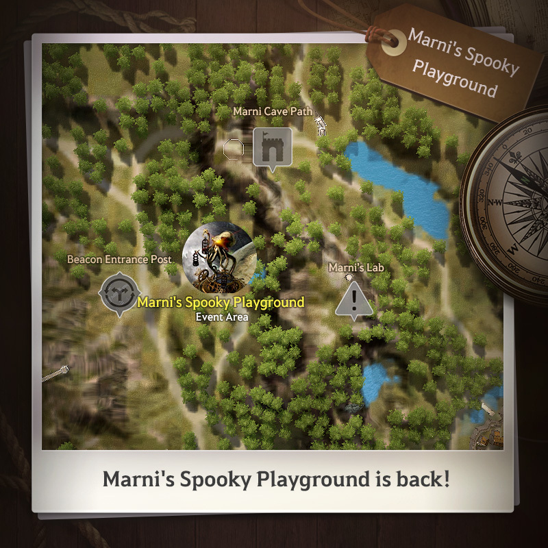 Mapa oficial do Parquinho de Marni no Black Desert, evento de Halloween 2026