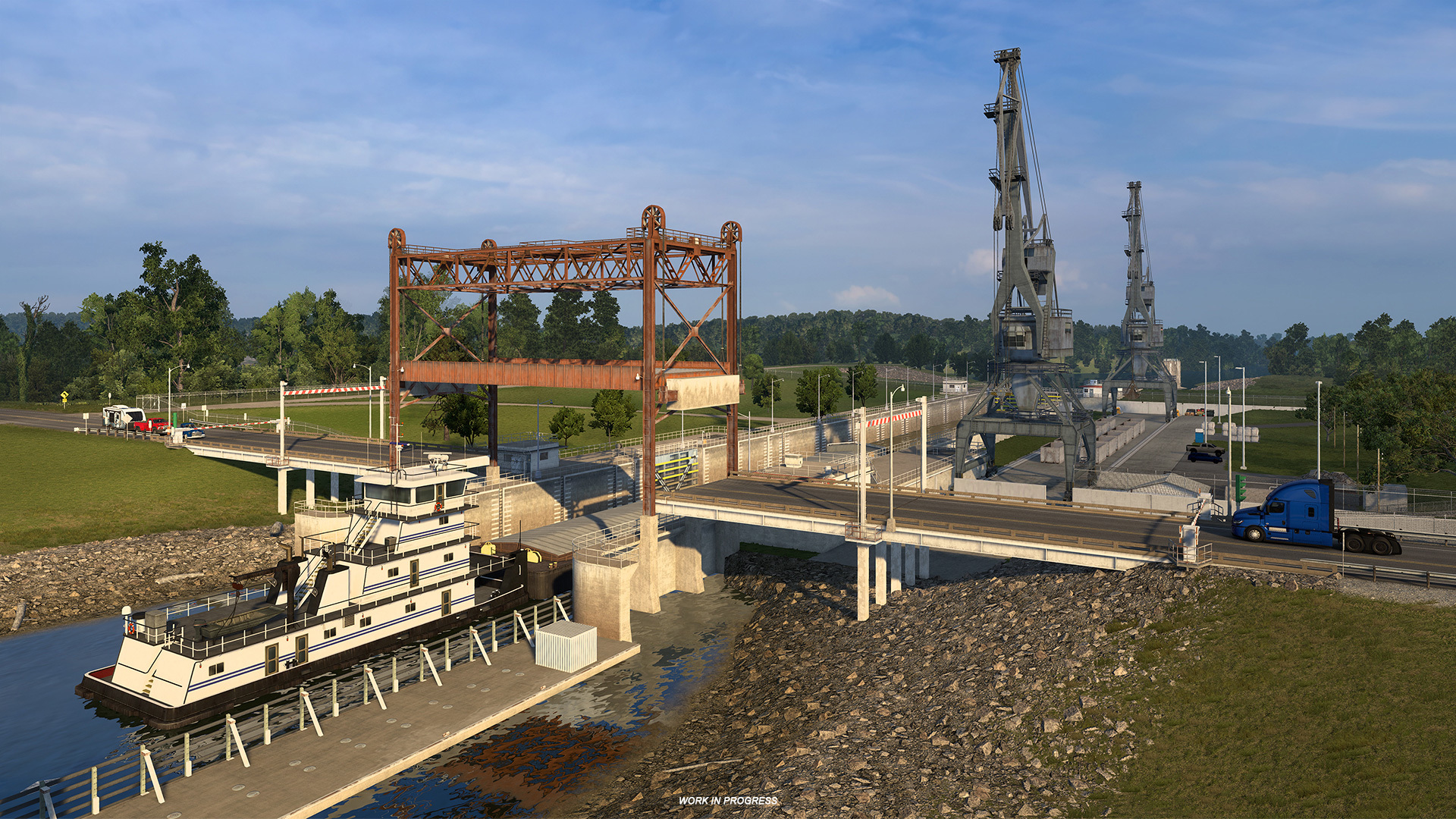 River traffic passing under an open bridge