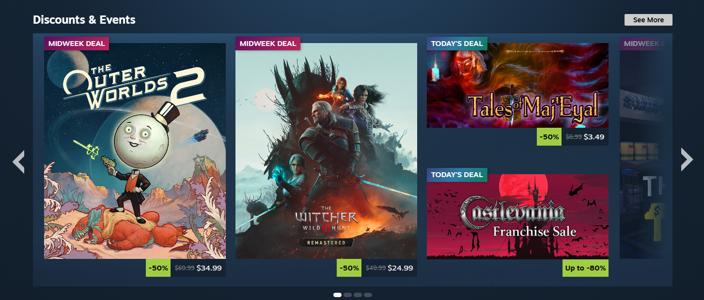 Steamの割引＆イベント欄に並ぶMidweek DealとToday's Dealの表示例
