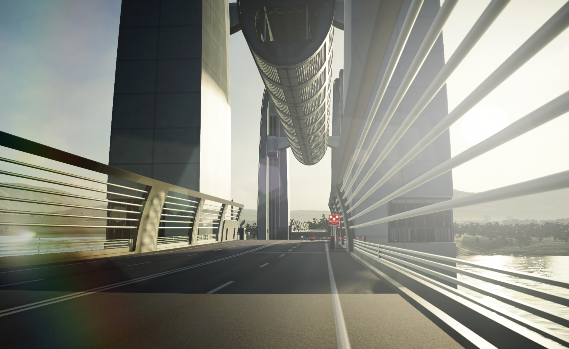Four-lane highway with double train track double-decked lift bridge