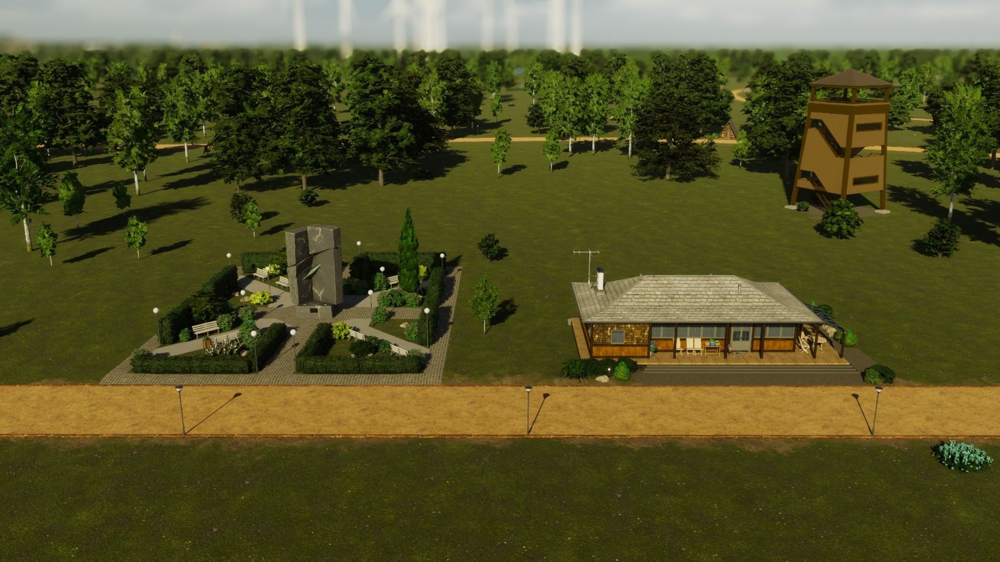 Memorial sculpture and a guest lounge cabin
