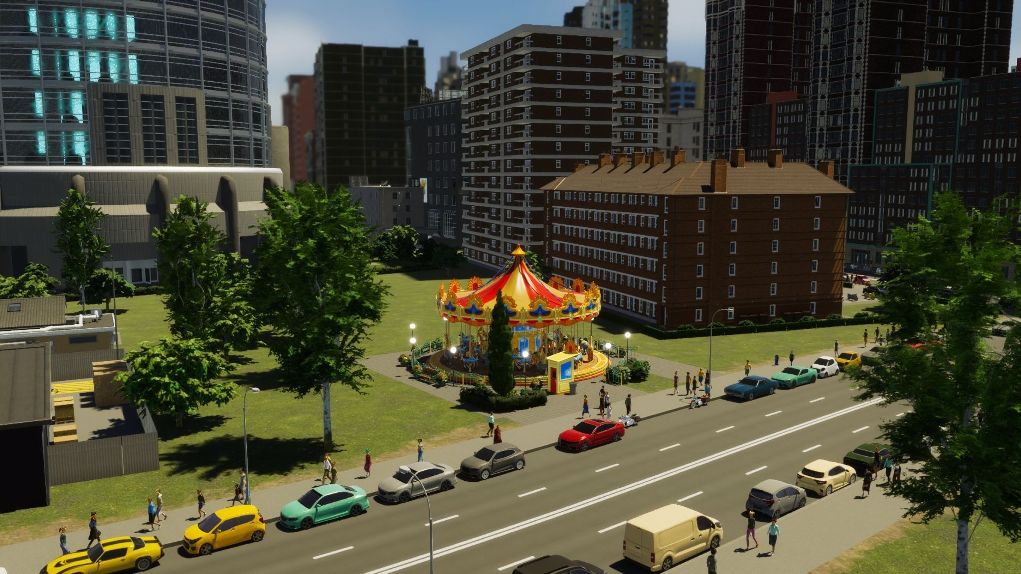 Merry-go-round next to modern office buildings