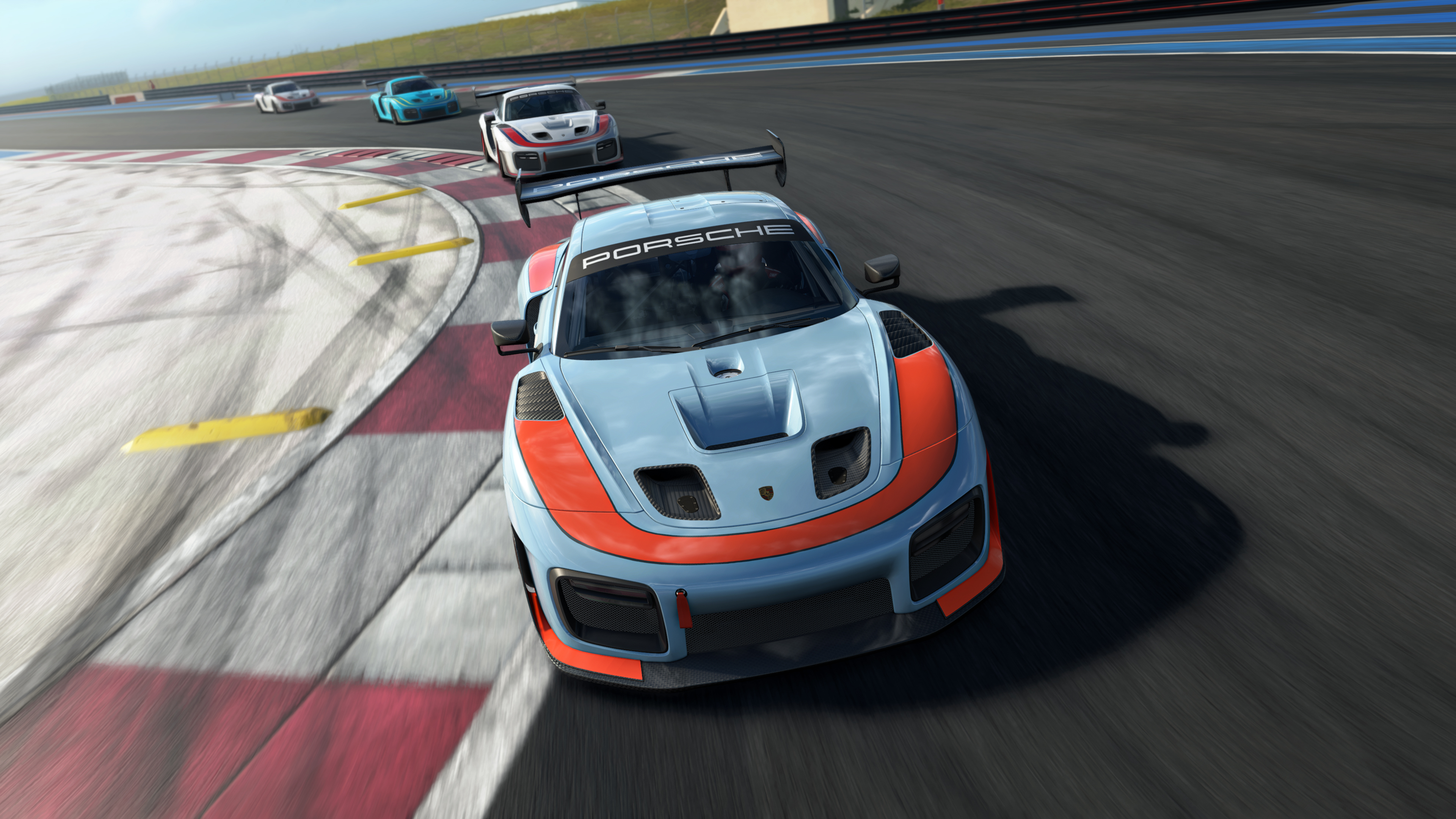 Four new cars added in Assetto Corsa EVO 0.7 lined up side by side in a pit lane, front-facing static presentation shot with realistic racing livery details
