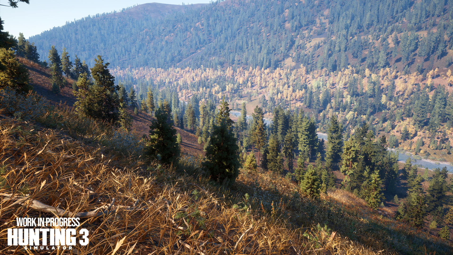 Wooded Hunting Simulator 3 valley viewed from a slope before a quiet approach