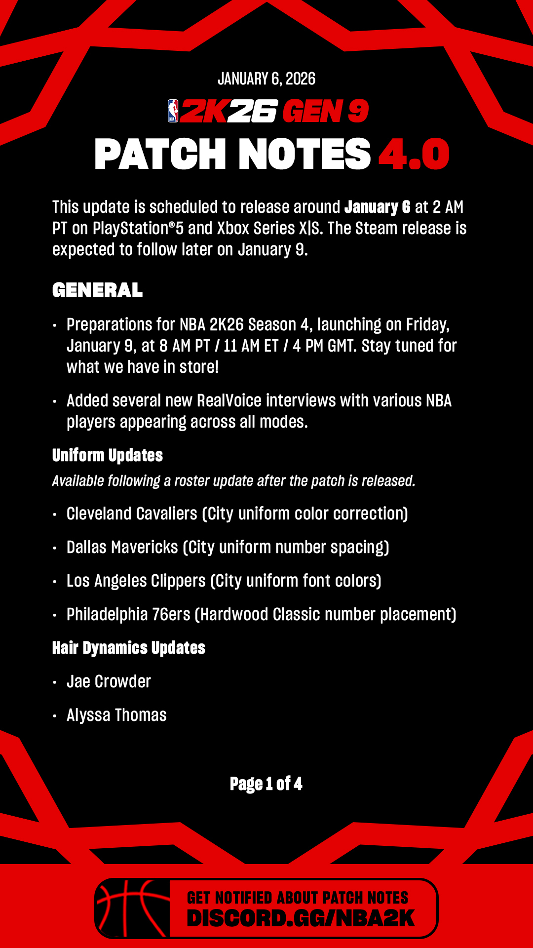 NBA 2K26 NBA 2K26 综合资讯攻略 · NBA 2K26 Patch Notes v4.0 (January 9)