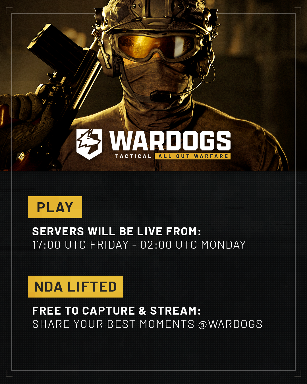Agenda oficial do beta de WARDOGS com funcionamento dos servidores entre 17h UTC de sexta-feira e 2h UTC de segunda-feira