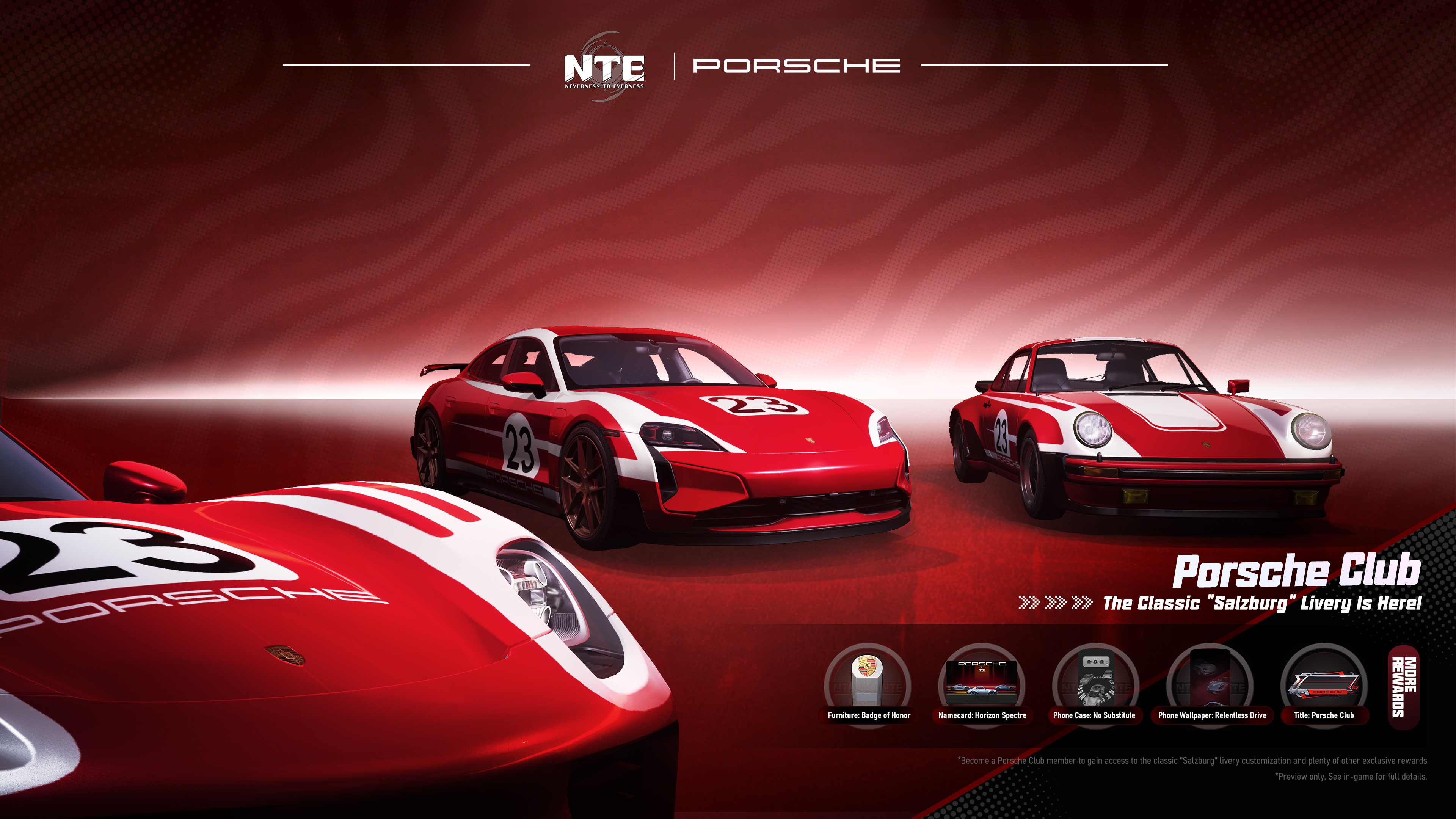 Porscheクラブの特典を紹介するNTE公式の告知画像。赤白のSalzburg塗装のタイカンと911が並ぶ
