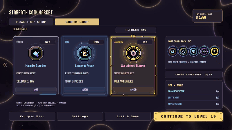 Animated pixel Charms with new rarity frames in the shop and five equipped Charms in the rack.